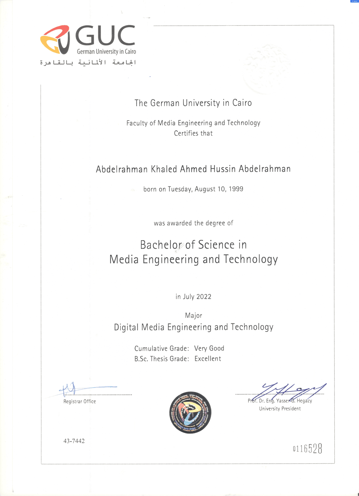 BSc, Media Engineering and Technology — certificate