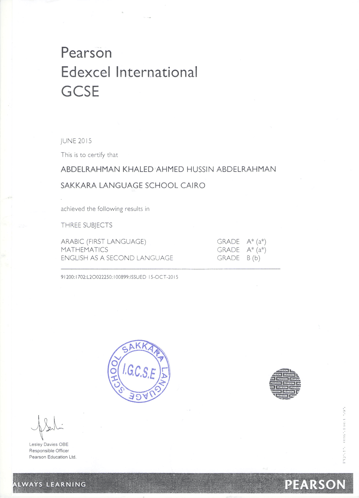 Edexcel GCSE (Mathematics A*, Arabic A*) — certificate