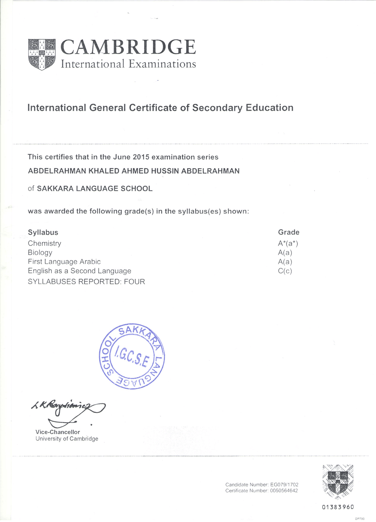 Cambridge IGCSE (Chemistry A*, Biology A, Arabic A) — certificate