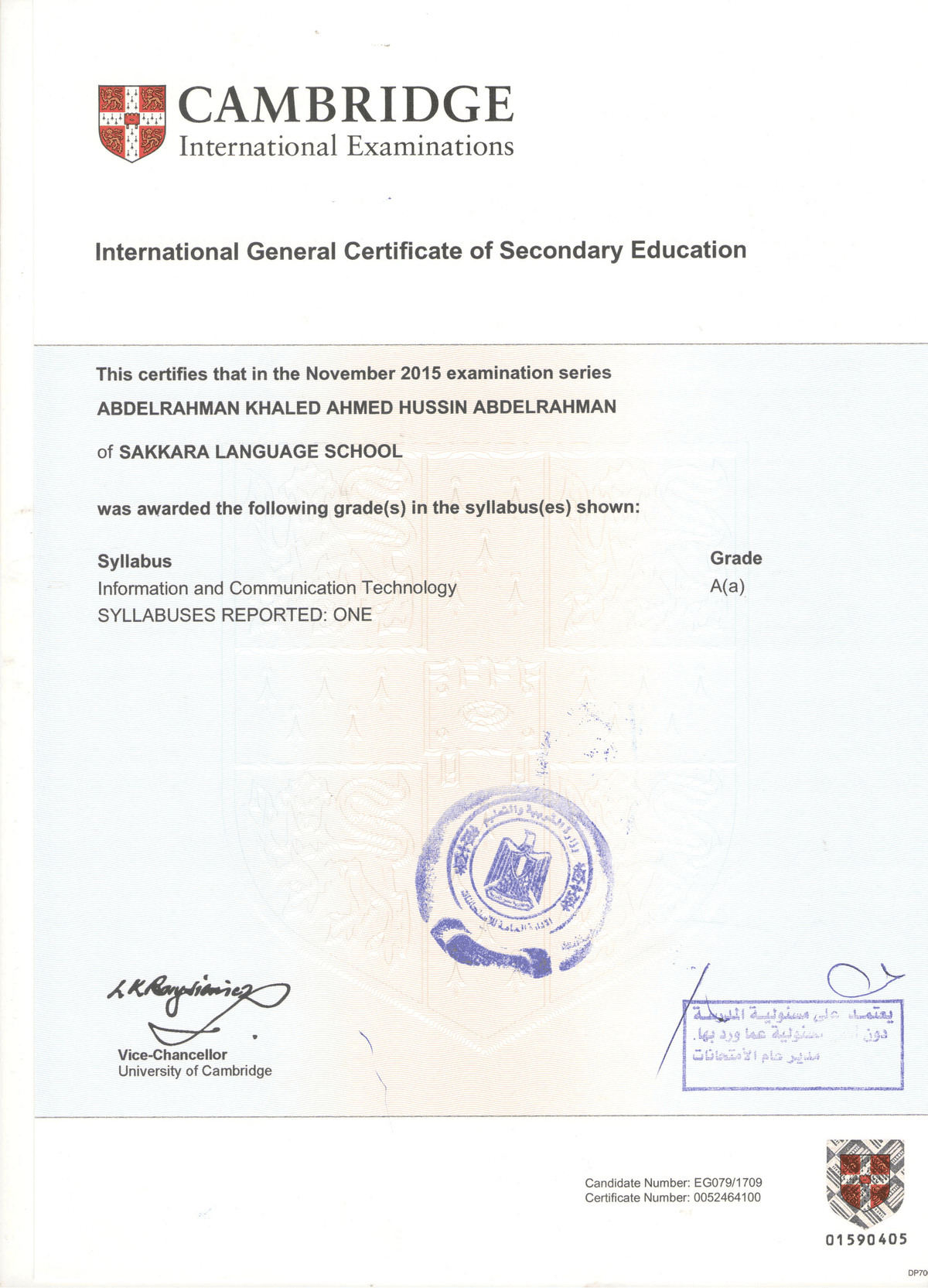 Cambridge IGCSE — ICT (A) — certificate