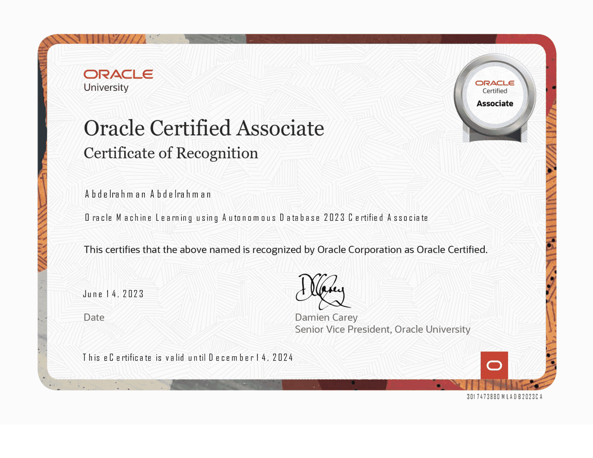 Oracle ML using Autonomous Database 2023 Associate — certificate