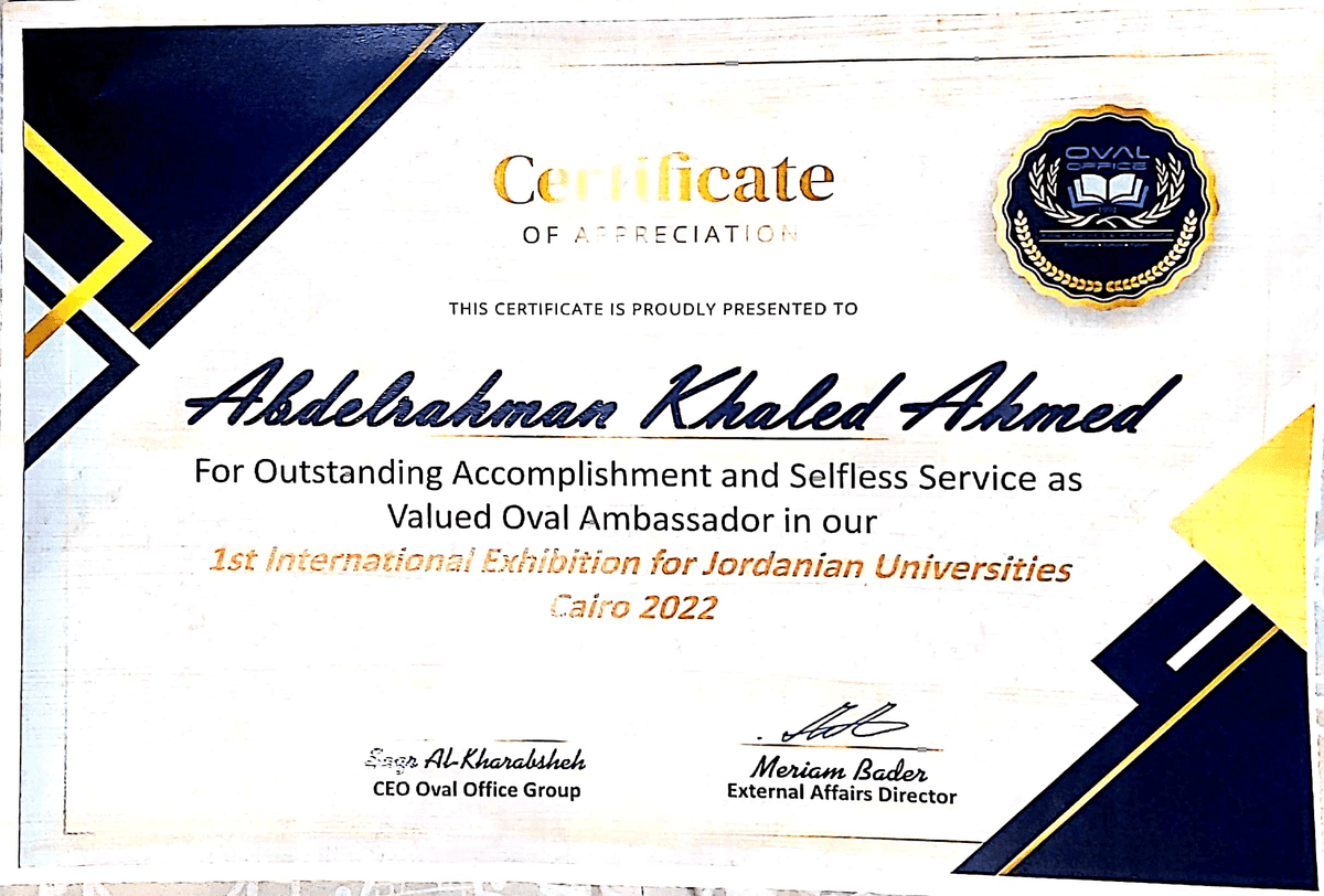 Ambassador — 1st Int’l Exhibition for Jordanian Universities — certificate