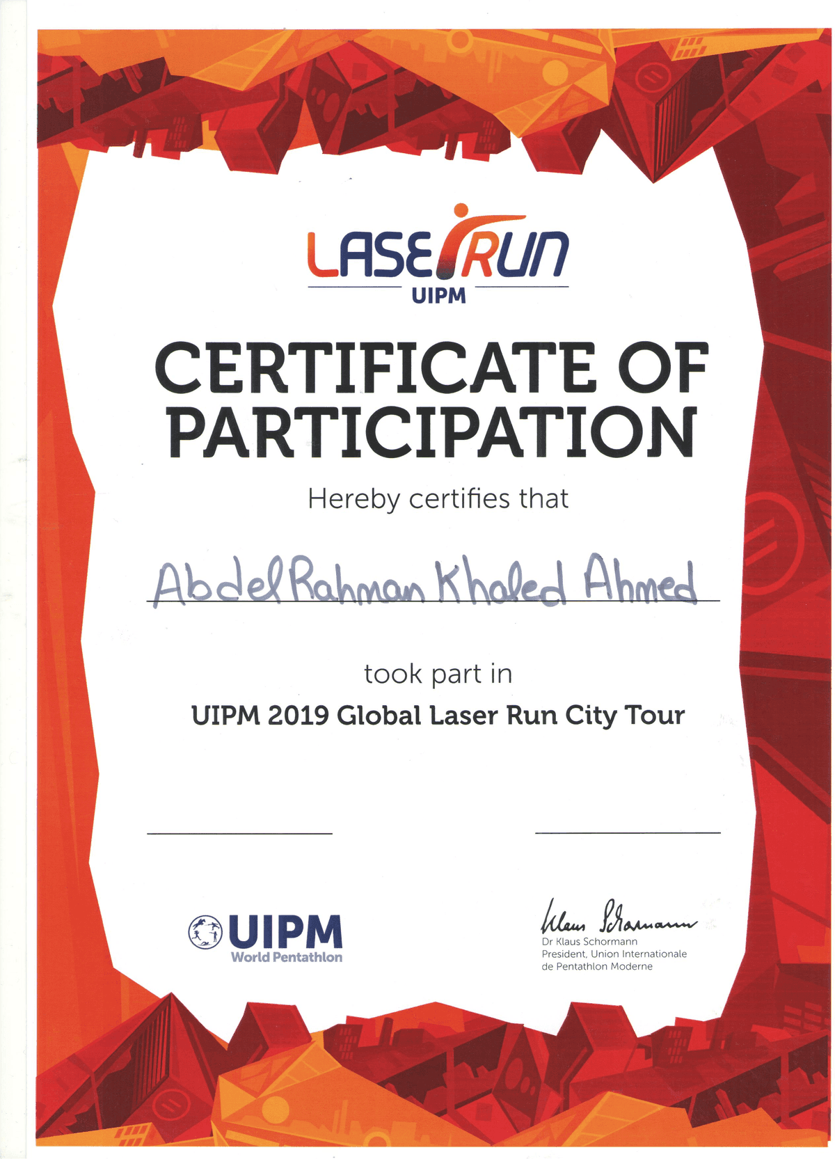 Global Laser Run City Tour — certificate